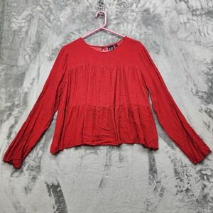 GAP Top Womens L Red Black Dash Print Long Sleeve Tiered Blouse Rayon Flowy‎